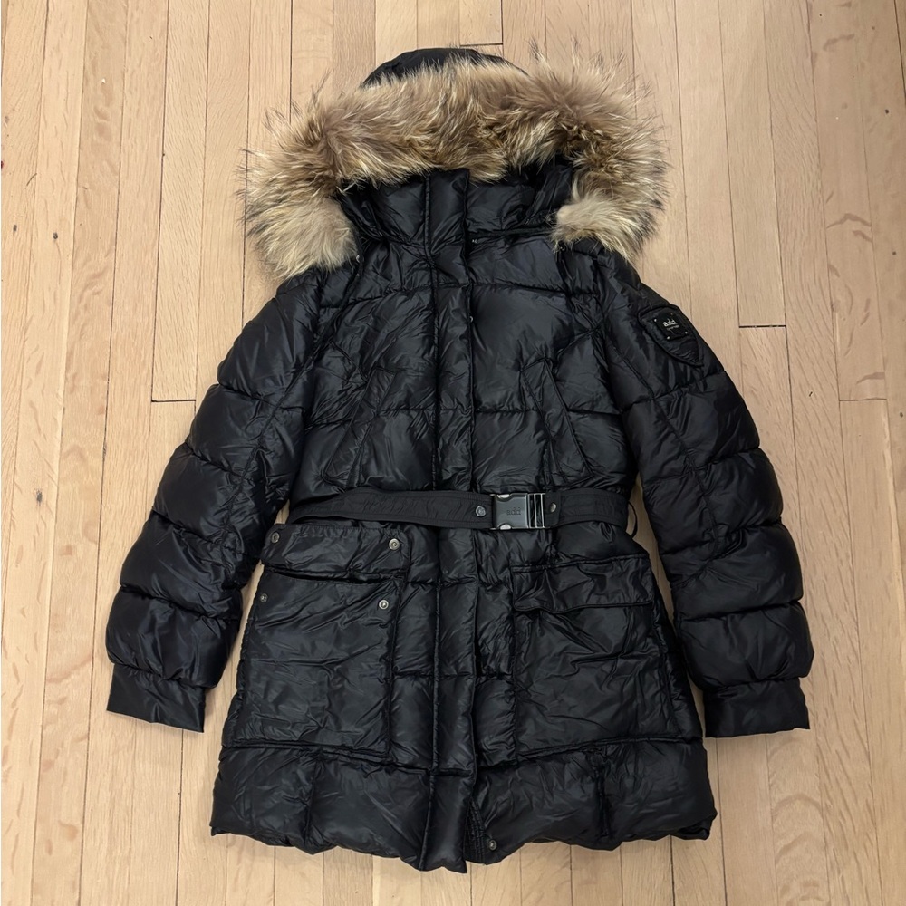 Add Down Black Goose Down Puffer Coat with Fox Fur Hood, Size 8